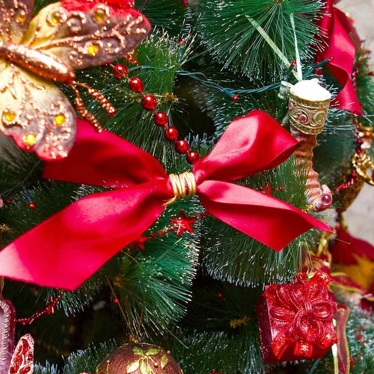 A closeup image of a bow and other festive decorations on a Christmas tree
